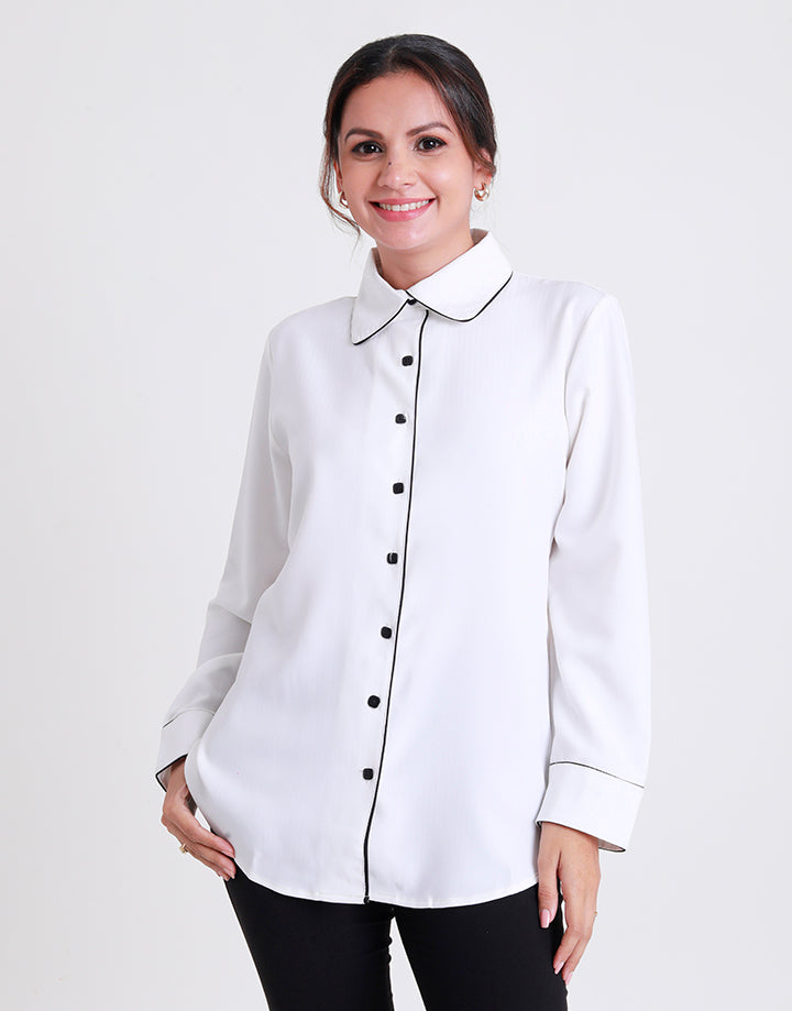 Long Sleeved Blouse with Contrasting Piping