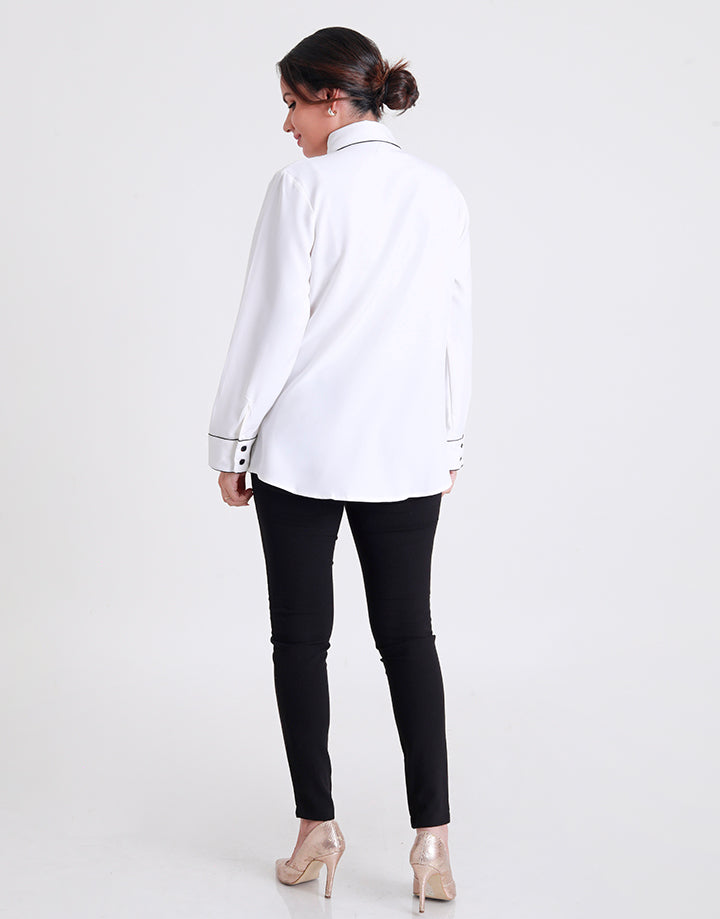 Long Sleeved Blouse with Contrasting Piping