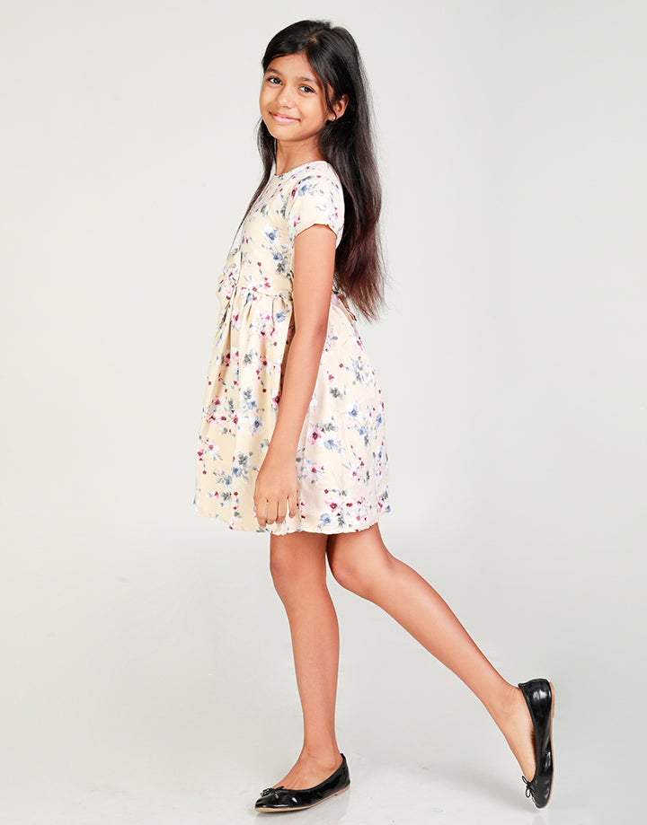 Printed Round Neck Dress with Fixed Bow