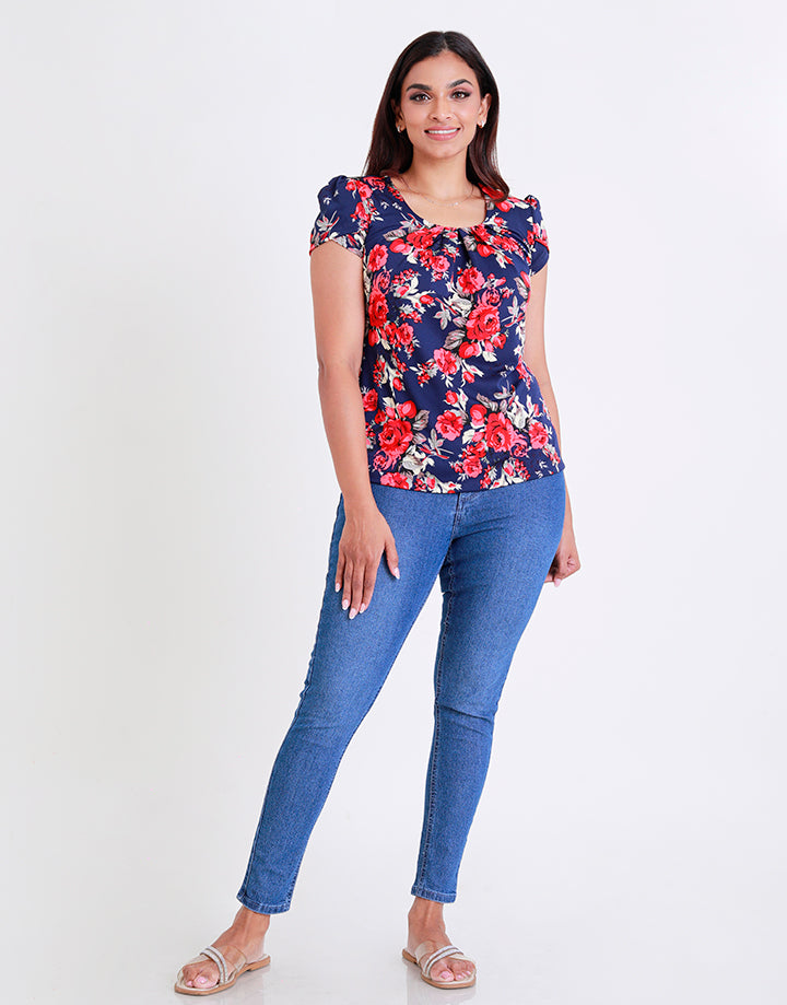 Printed Round Neck Top with Petal Sleeves