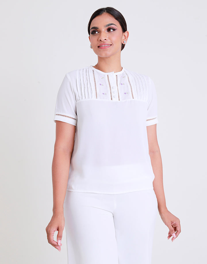Short Sleeves Top with Pintucks & Embroidered