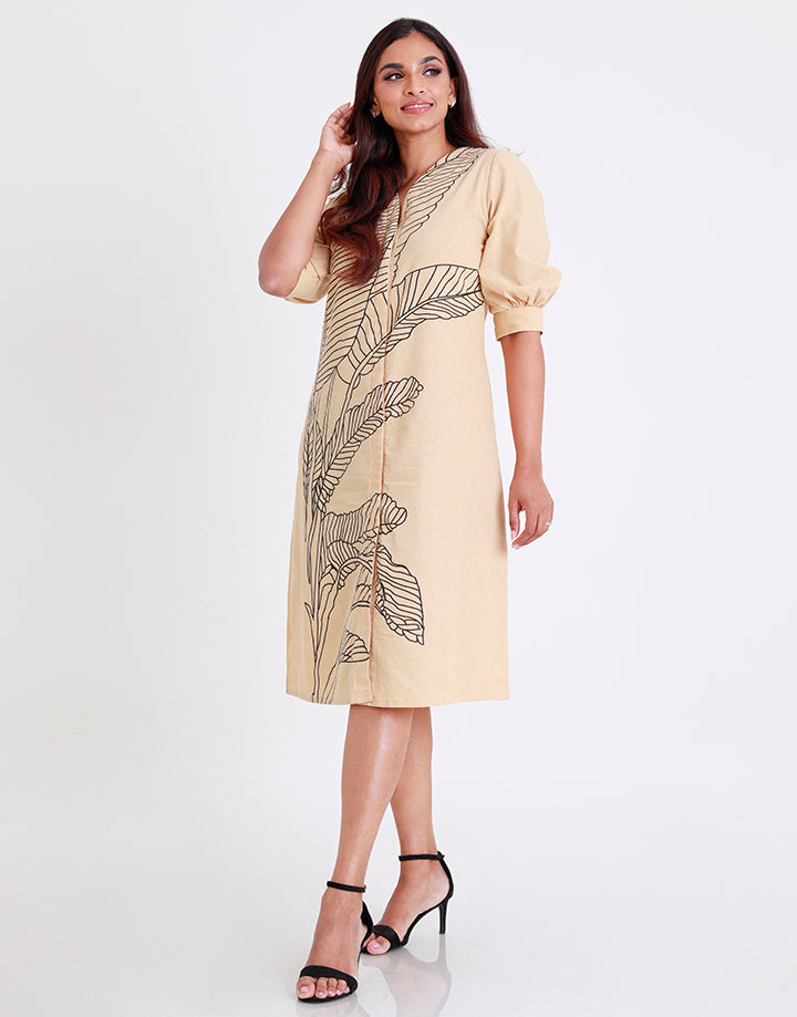 V-Neck Linen Dress with Screen Print