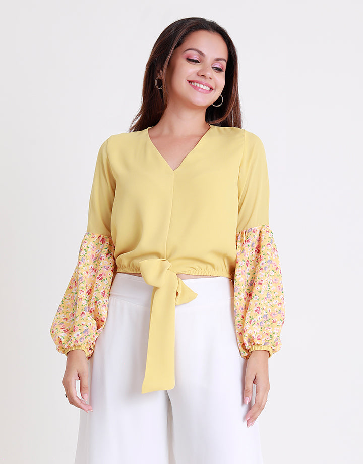 V-Neck Top with Colour Blocked Sleeves