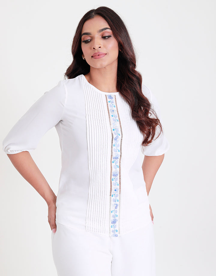 White Top with ¾ Sleeves and Embroidery