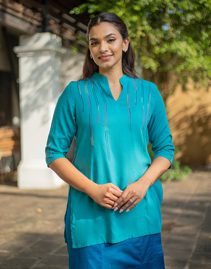 Chinese Collar Embroidery Kurtha with ¾ Sleeves