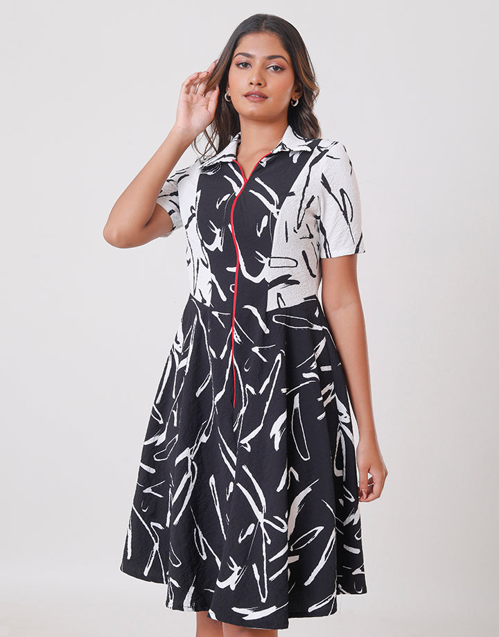 Collared Neck Half Zip Denim Dress