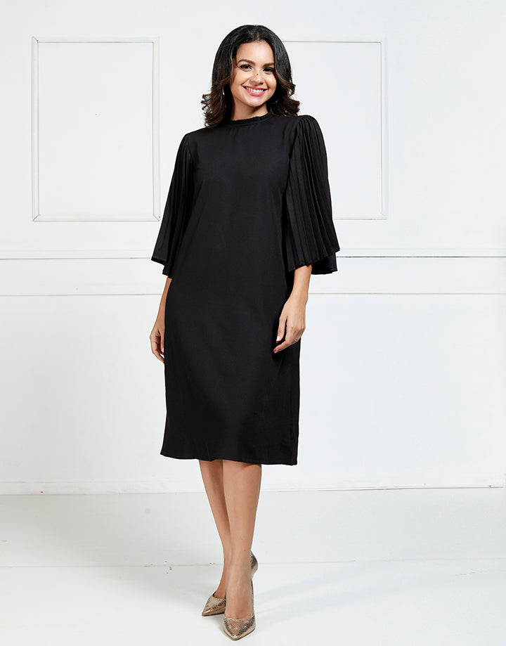 Frill Neck Dress with Pleated Sleeves