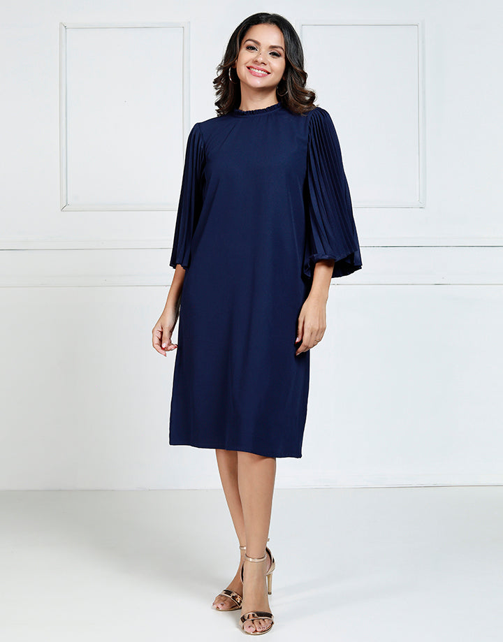 Frill Neck Dress with Pleated Sleeves