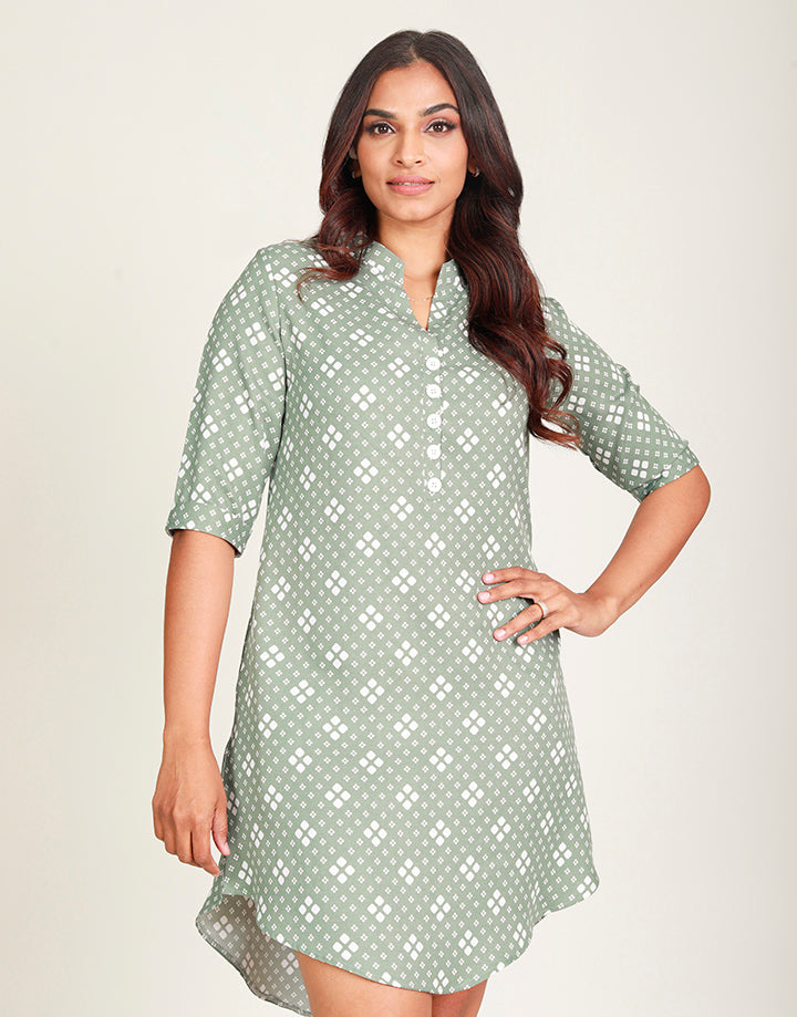Printed Dress with Folded Sleeves