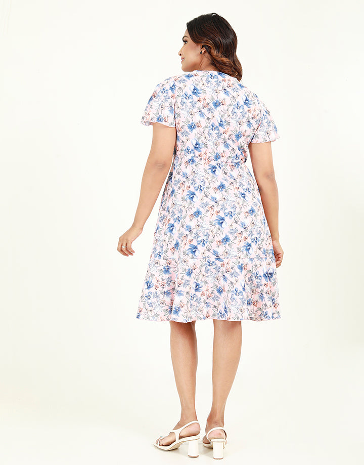Printed Fixed Wrap Dress in Short Sleeves