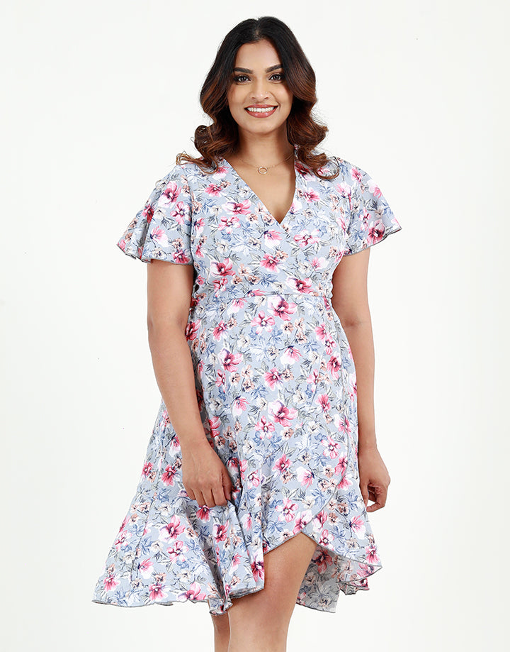 Printed Fixed Wrap Dress in Short Sleeves
