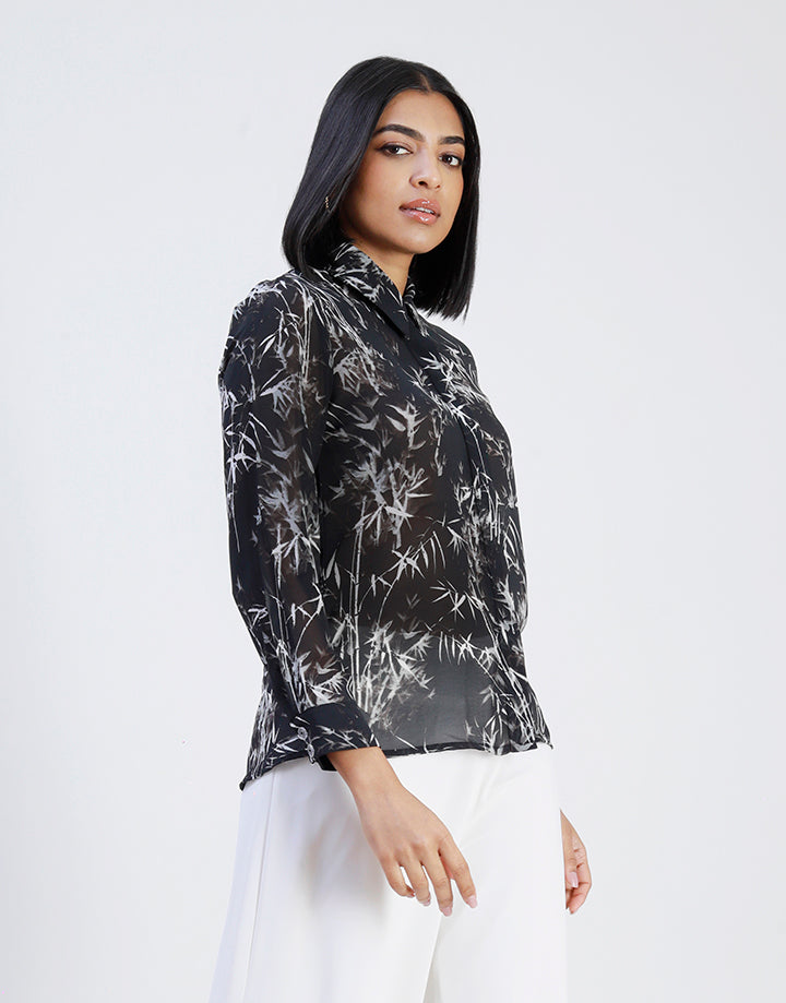 Printed Notched Long Sleeve Blouse main image 0