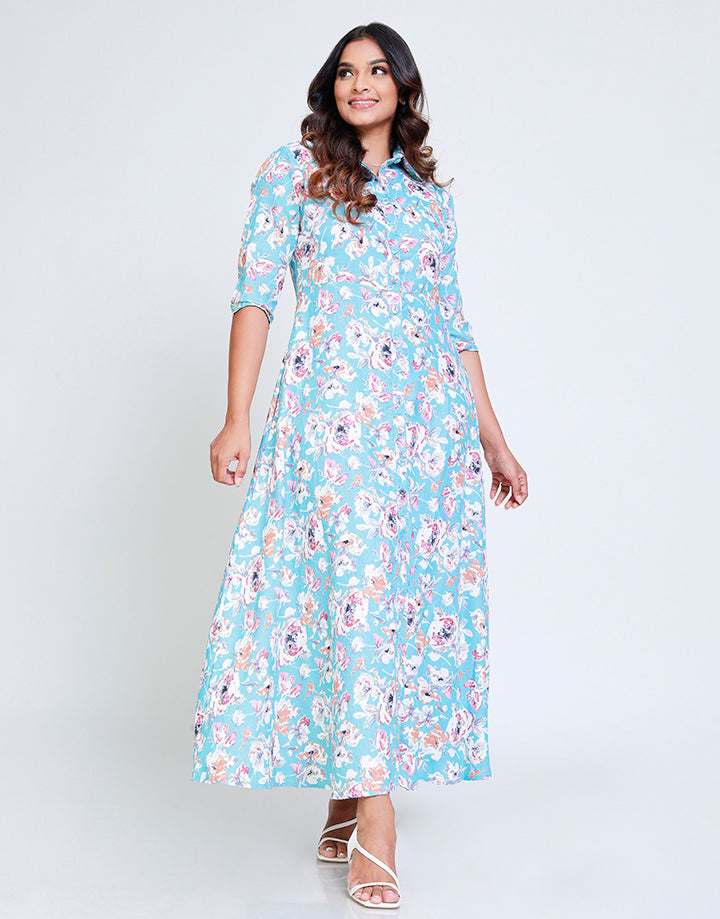 Printed Maxi Dress With ¾ Sleeves