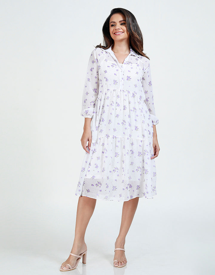 Printed Tiered Midi Dress with Long Sleeves