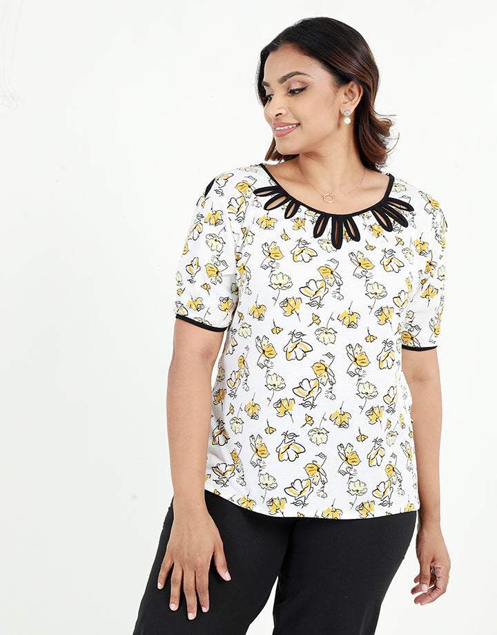 Printed Top with Contrasting Piping Detail
