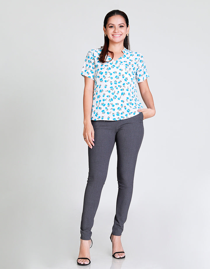 Printed V-Neck Top with Short Sleeves