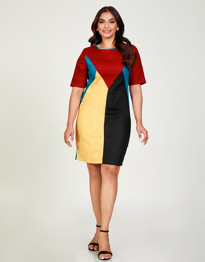 Round Neck Dress with Colour Block