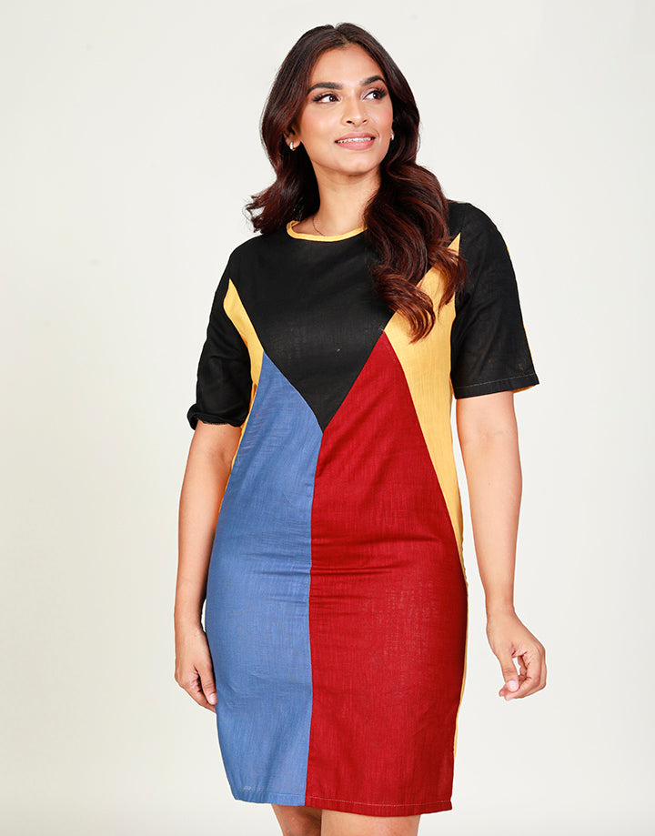 Round Neck Dress with Colour Block