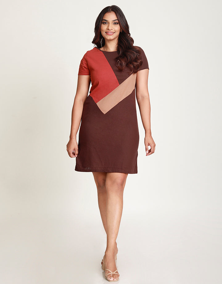 Round Neck Dress with Colour Blocked