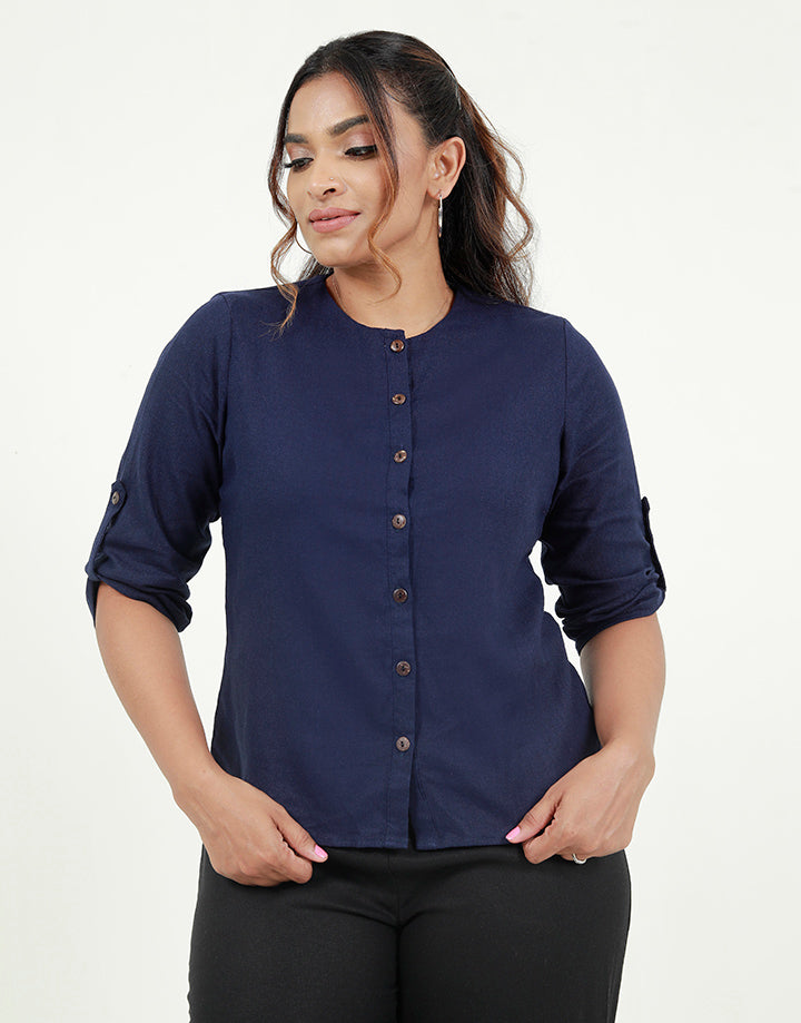 Round Neck Linen Blouse with Buttons
