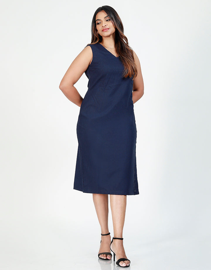 Sleeveless Midi Dress with Non-Functional Buttons