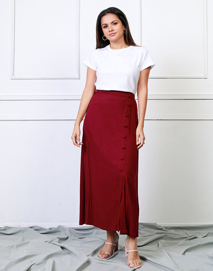 Solid Colour Skirt with Covered Buttons