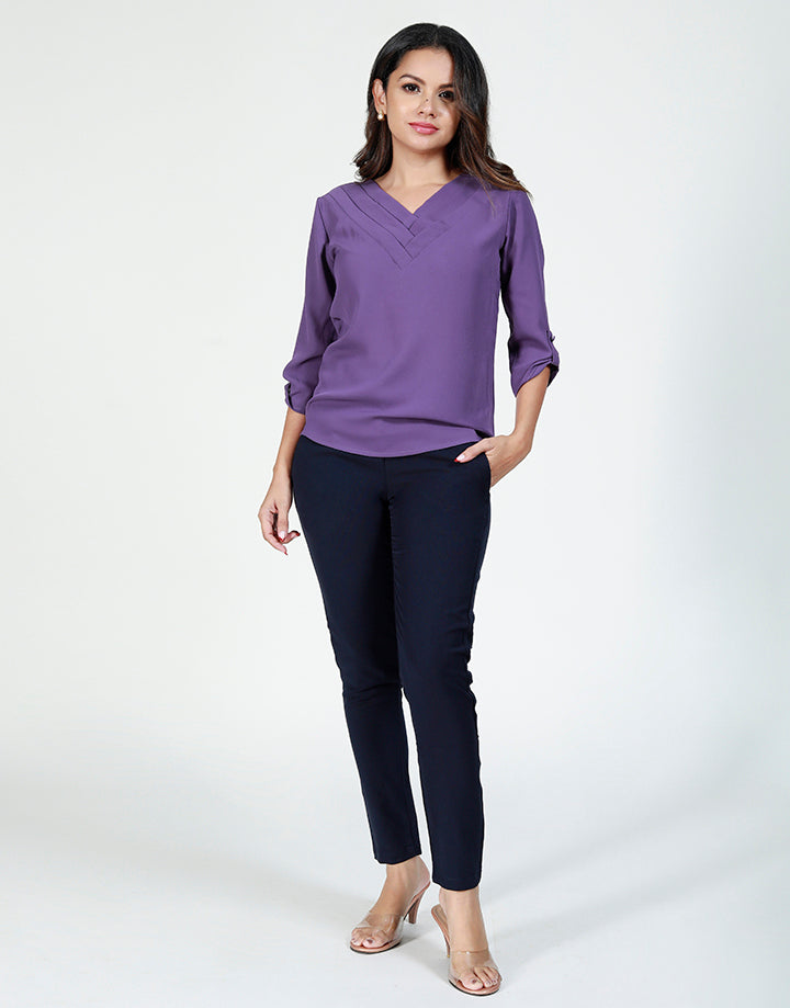 V-Neck Blouse with Pleated Neck Line