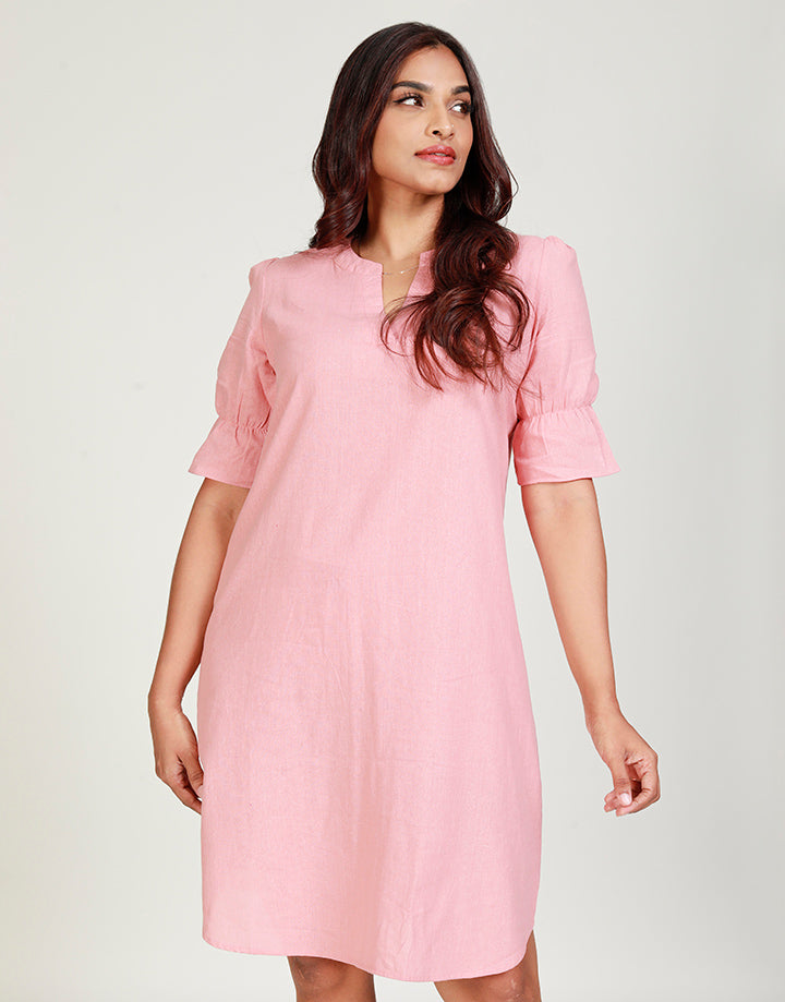 V-Neck Linen Dress with Puff Sleeves