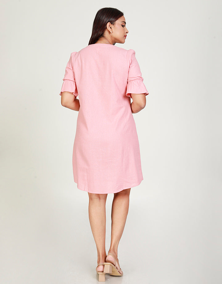 V-Neck Linen Dress with Puff Sleeves