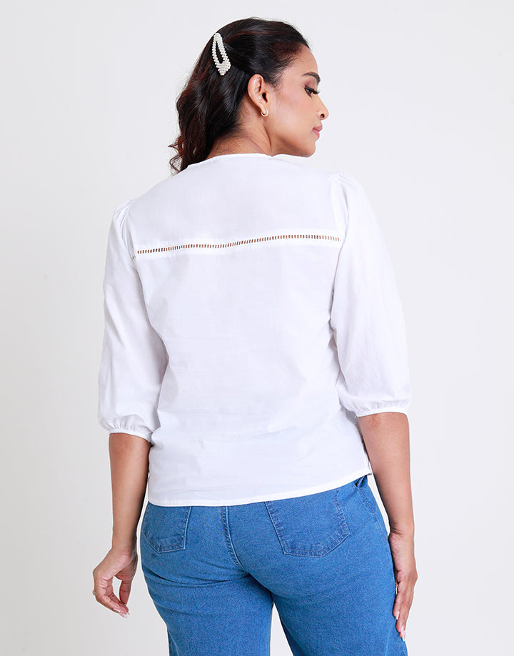 White Cut Lawn Mix Top with ¾ Sleeves