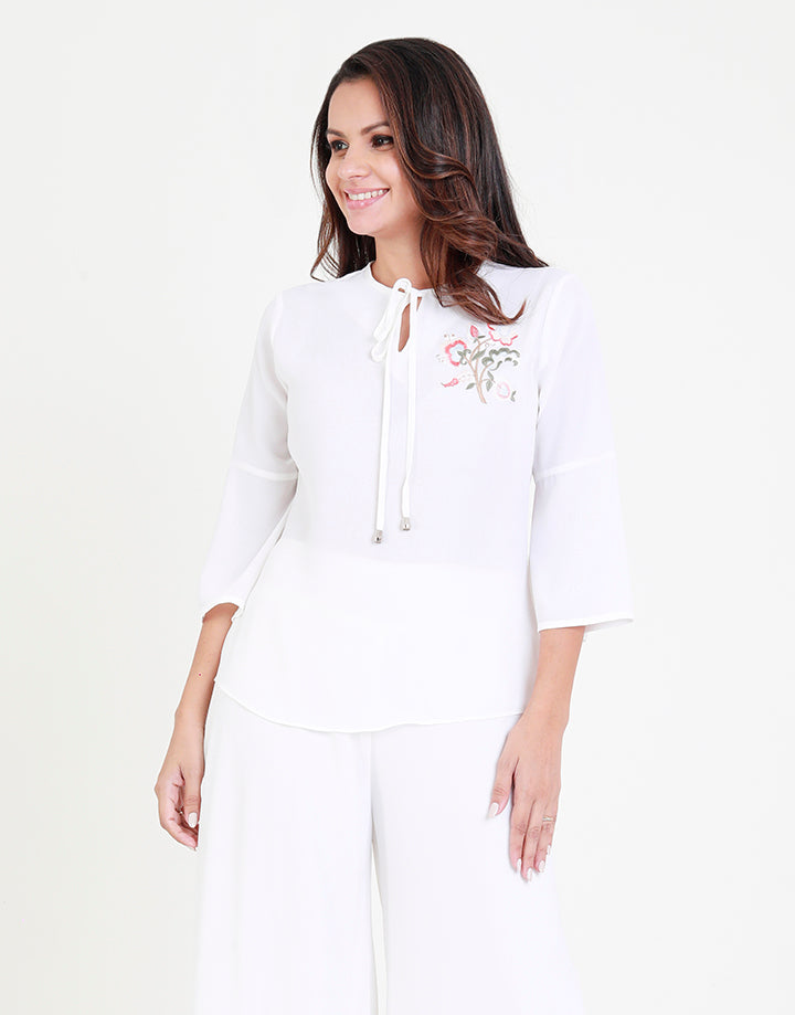 White Round Neck Top with Embroidered