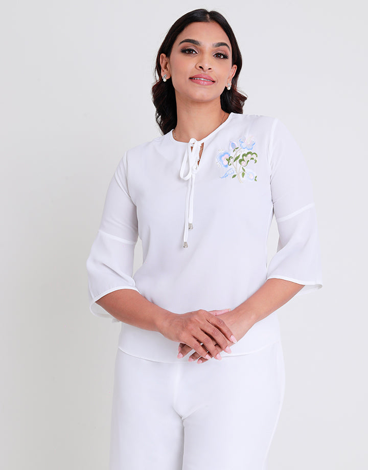 White Round Neck Top with Embroidered