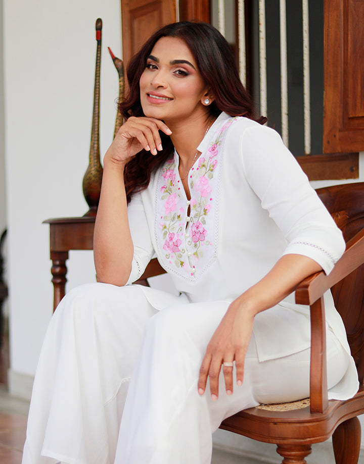 ¾ Sleeves Kurtha with Floral Embroidery