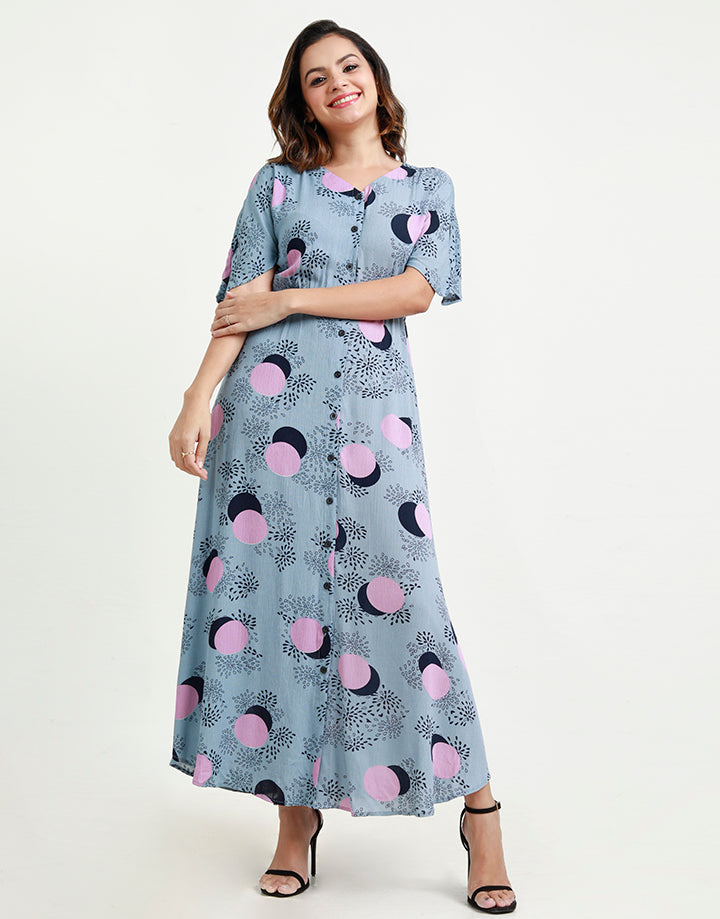 Printed Flared Maxi Dress in V-Neck