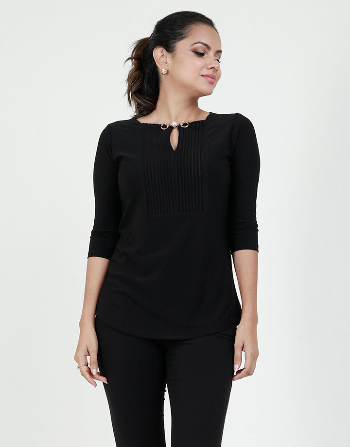 ¾ Sleeves Top with Pintucks and Embellishment