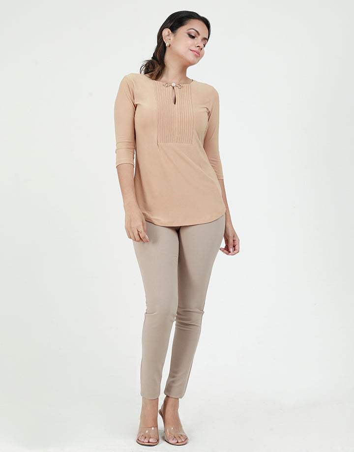 ¾ Sleeves Top with Pintucks and Embellishment