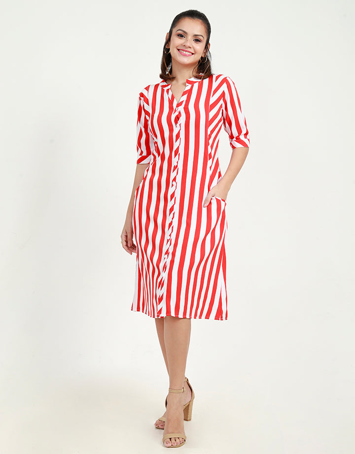 Striped Shirt Dress with Chinese Collar