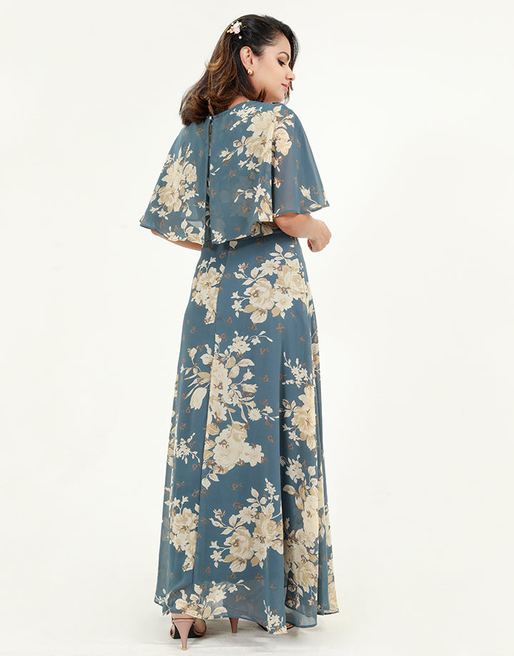 Printed Butterfly Sleeves Maxi Dress