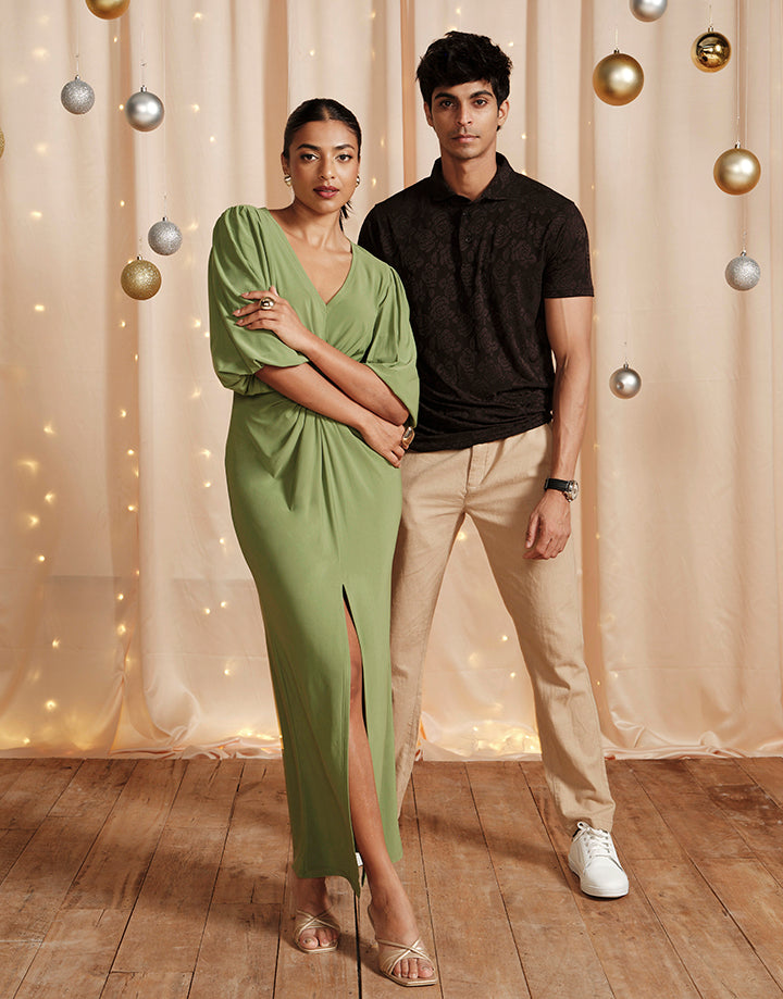 V-Neck Front Twist Long Dress