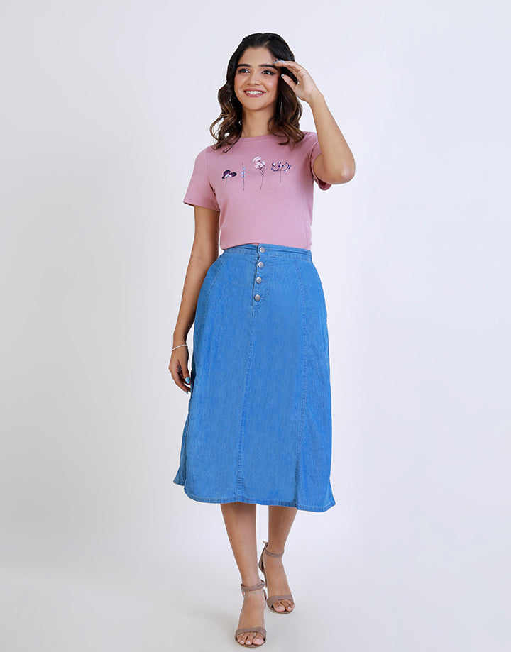 Chambray A-Line Midi Skirt