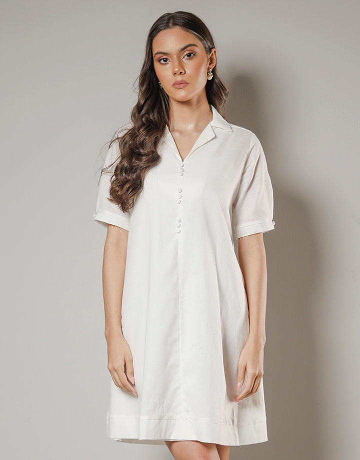 Cuban Collar A-Line Dress with 3 Buttons