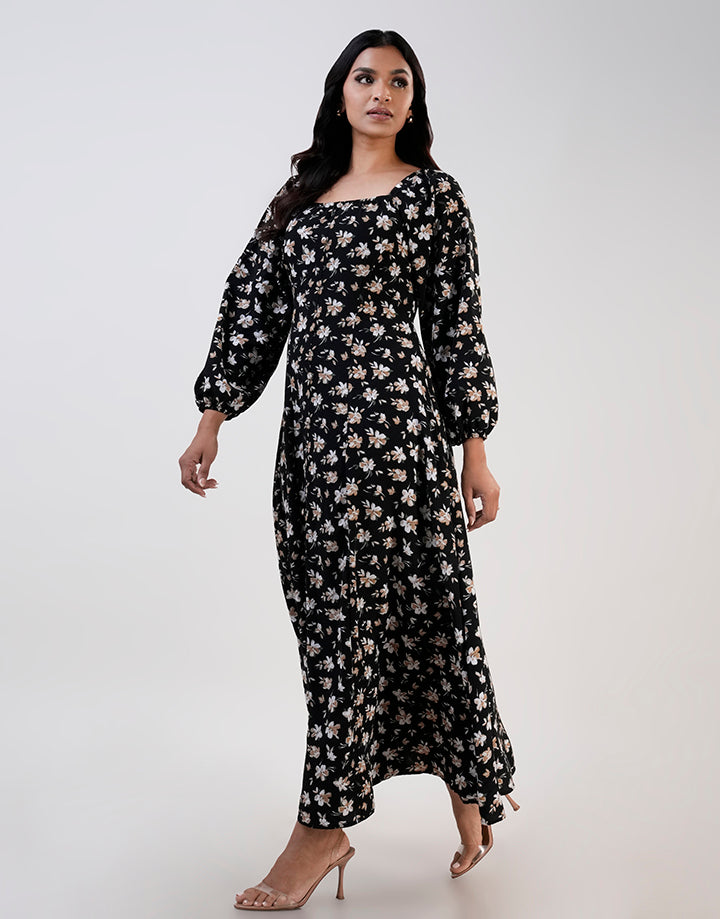 Lantern Sleeve Square Neck Dress