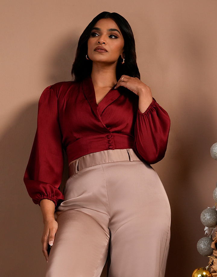 Long Puff Sleeve Satin Crop Top