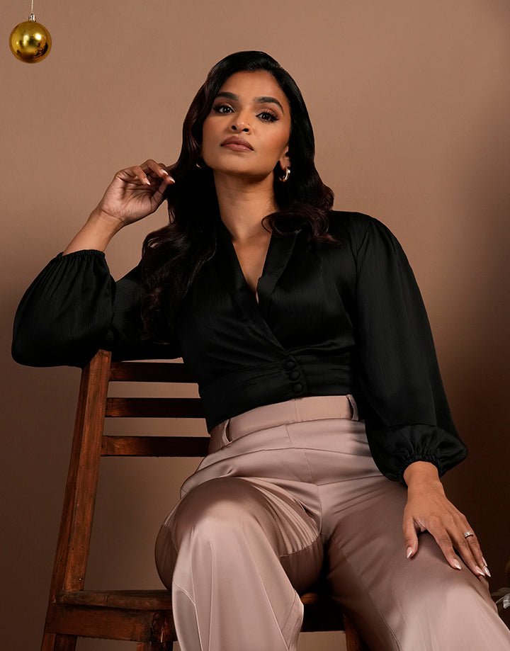 Long Puff Sleeve Satin Crop Top