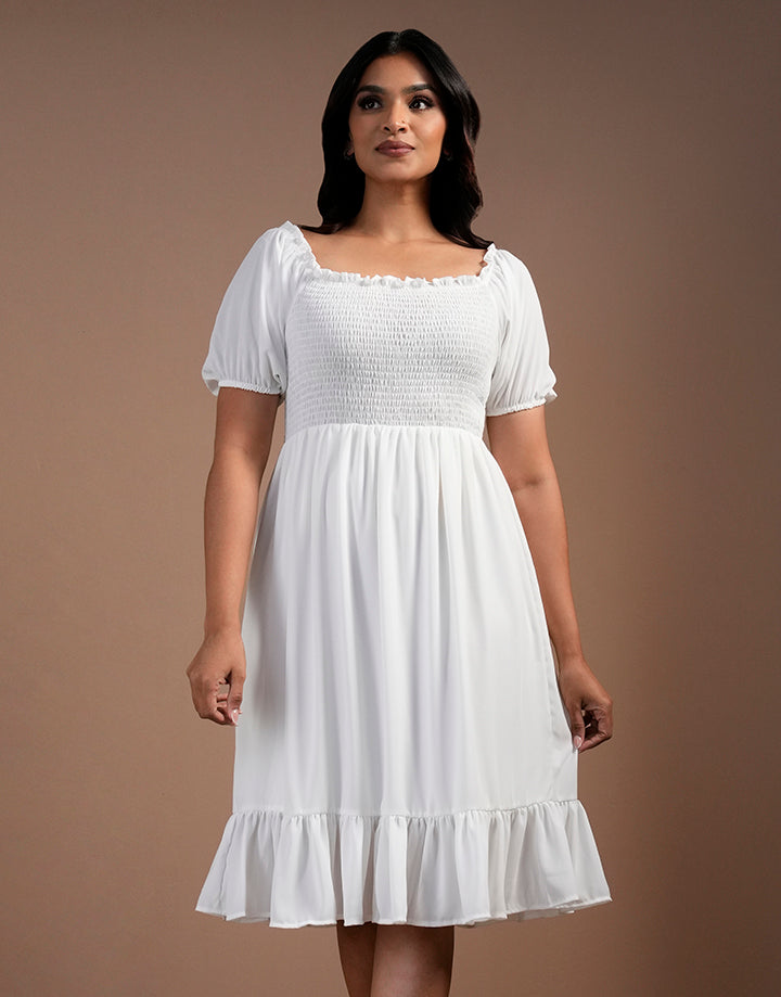 Off Shoulder Smocked Puff Sleeve Dress