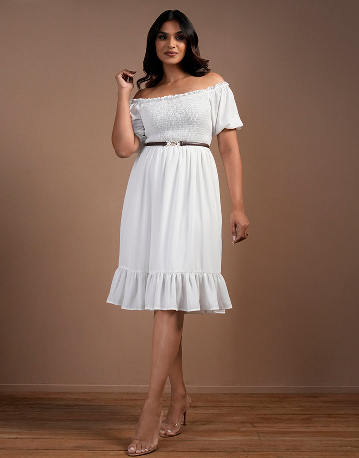 Off Shoulder Smocked Puff Sleeve Dress
