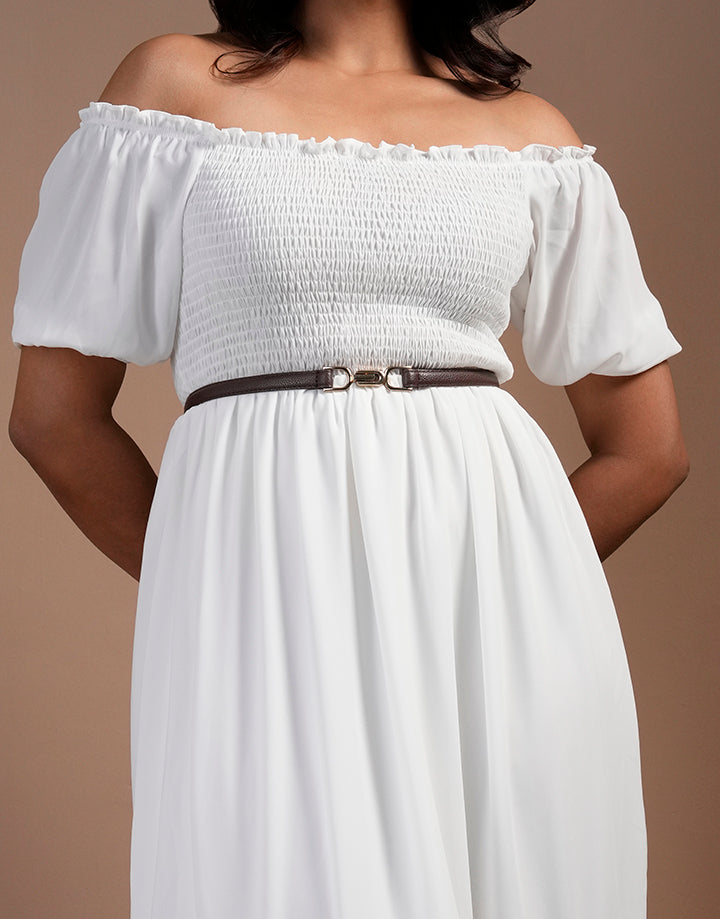 Off Shoulder Smocked Puff Sleeve Dress