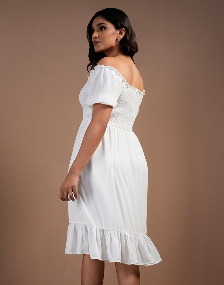 Off Shoulder Smocked Puff Sleeve Dress