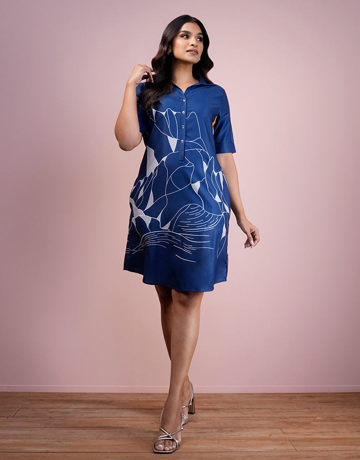 Folded Sleeve Printed Shirt Dress