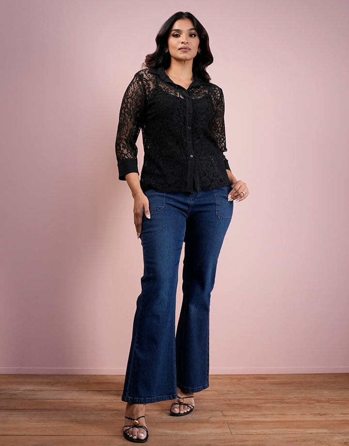 Lace Button Down Collar Blouse